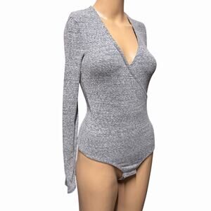 Madewell Womens XS Gray Long Sleeve Wrap Front Bodysuit Snap Gusset Soft Knit